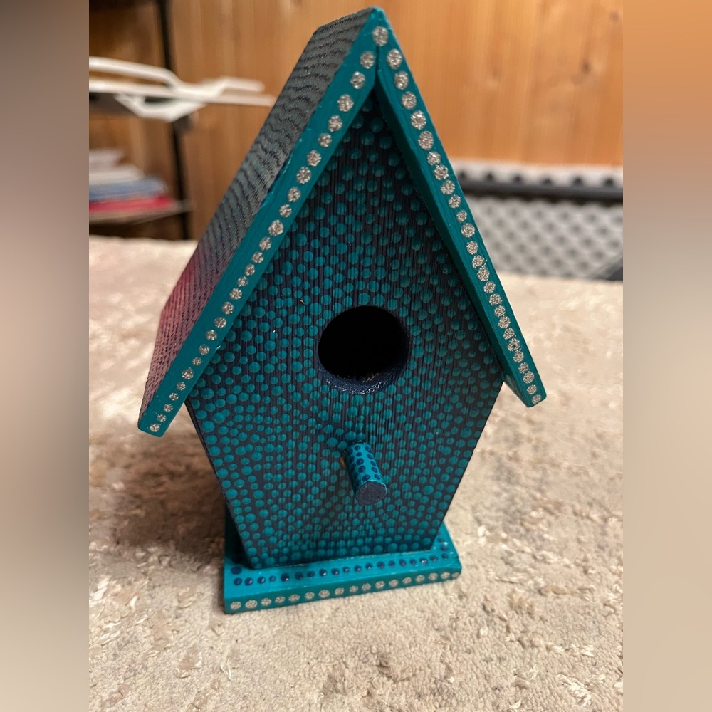 Handpainted Wooden Birdhouse Teal Dot Painting